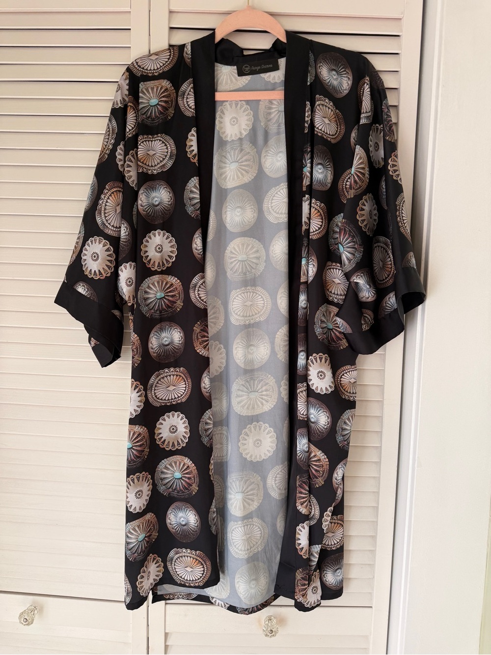 Fringe Scarves Printed Black Kimono Jacket - Elegant Open Front Coat